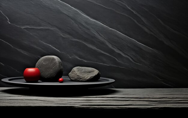 Photo textured round slate plate lies on a dark background