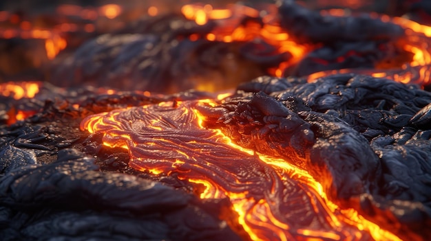 The textured surface of molten lava shows off bright orange hues and flowing rivers The texture of molten lava offers a dramatic and intense backdrop