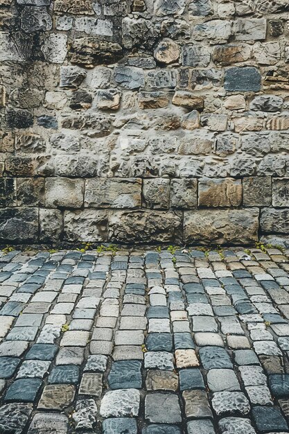 Textured wall and paved ground at an alley