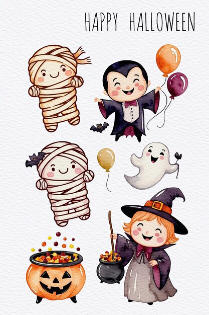 Photo textured watercolor happy halloween illustration for kids