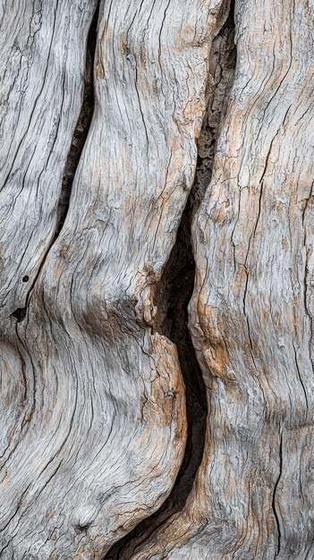 Textured wood grain with deep cracks in ancient driftwood at the shore under natural light