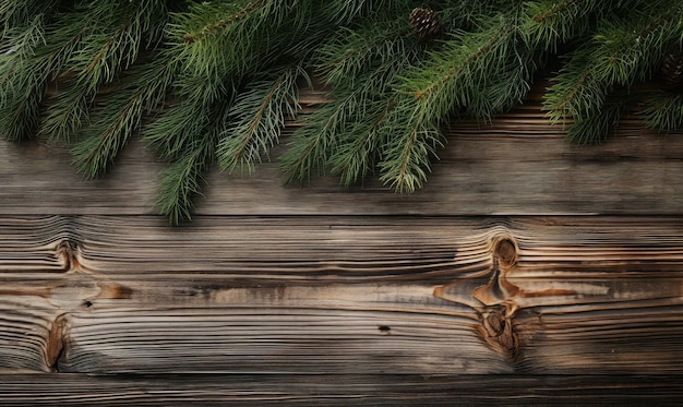 On a textured wooden surface fresh pine branches evoke a feeling of winter tranquility and the simple charm of nature greenery AI generative