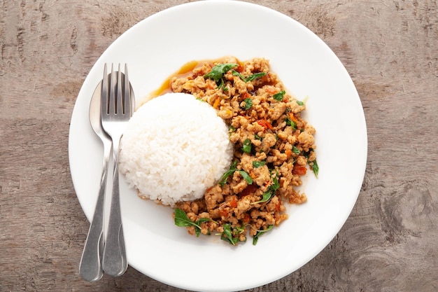 Thai basil minced pork Rice topped with Thai basil minced pork Thai food