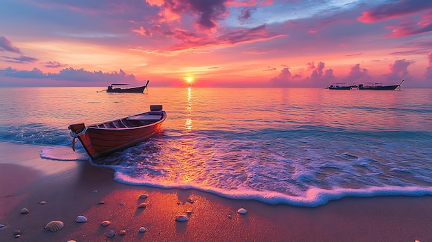 Thai Beach at Sunrise with LongTail Boats and Golden Sand