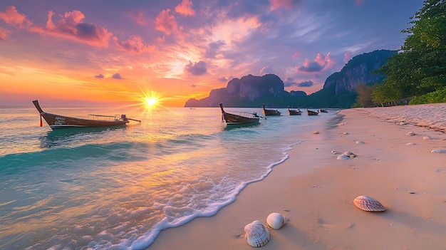 Thai Beach at Sunrise with LongTail Boats and Golden Sand