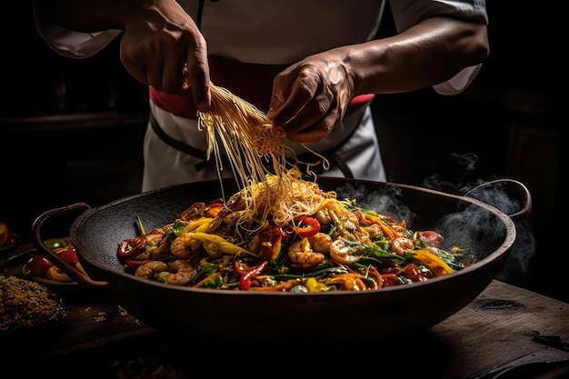 Thai Chef StirFrying Pad Thai in Wok Generative Ai