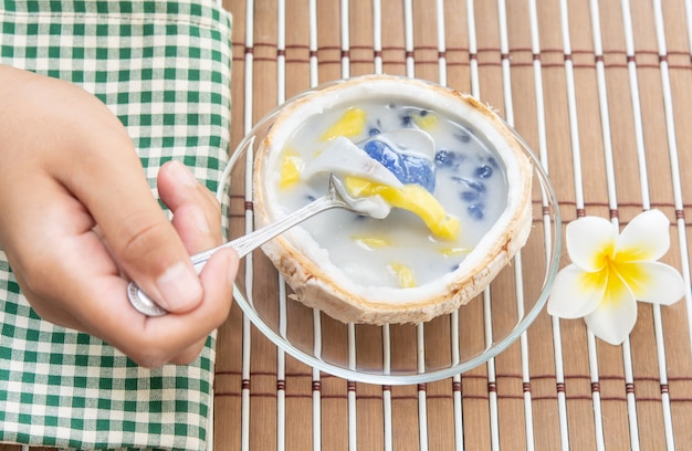 Thai dessert and coconut on plate