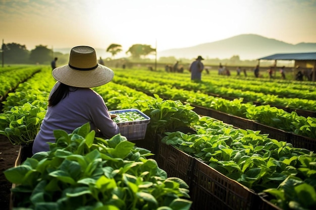 Thai farmer is using a laptop computer in a fresh morning glory vegetable farm