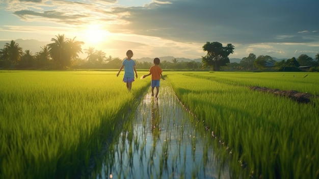 Thai farmers fertilize rice fields in the morning