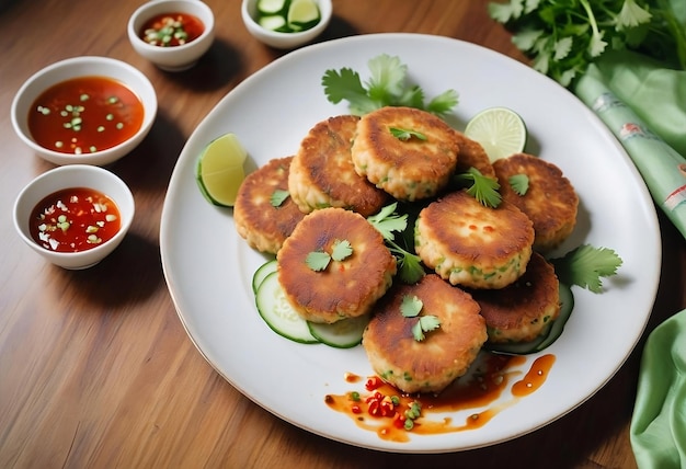 Thai Fish Cakes with Sweet Chili Sauce and Cucumber Slices