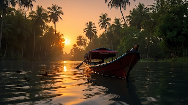 A Thai fishing boat glides peacefully through turquoise waters framed by vibrant palm Generative AI