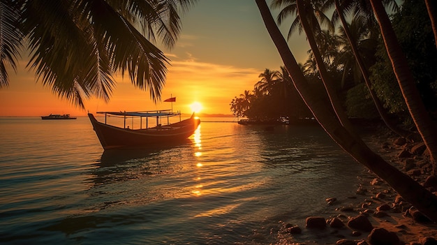 A Thai fishing boat glides peacefully through turquoise waters framed by vibrant palm Generative AI