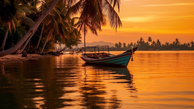 A Thai fishing boat glides peacefully through turquoise waters framed by vibrant palm Generative AI