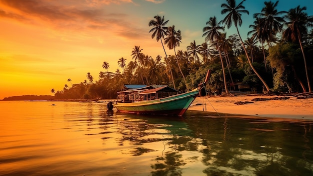 A Thai fishing boat glides peacefully through turquoise waters framed by vibrant palm Generative AI