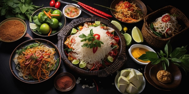 Thai food background Dishes of thai cuisine Tom yum tom kha gai pad thai noodles fried rice