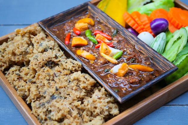 Thai food name Naam Phrik Lohng Reuua (Boat Embarking Chili Relish) is relish of fermented shrimp paste sauce with  crispy deep fried fluffy fish, salted eggs and vegetables