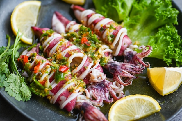 Thai food seafood plate with herb and spices Steamed squid with lemon spicy chili and lemon sauce squid steamed with lime top view