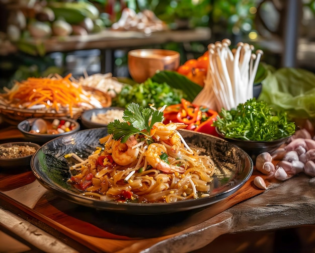 Thai food Stir fried rice noodles with shrimp called Pad Thai