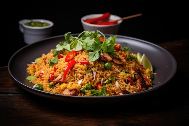 Thai fried rice with chilli on black plate on table