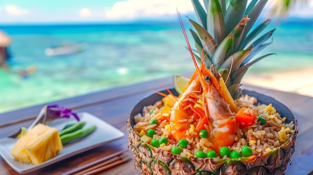 Photo thai fried rice with prawns served in bowl on beach table seaside dining at the ocean concept of tropical cuisine romantic dinner asian cuisine traditional dish