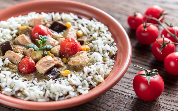 Thai green chicken curry with mix of white and wild rice