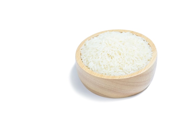 Thai jasmine rice in wooden cup on white background