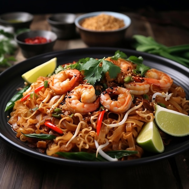 Thai noodles with shrimps and vegetables on plate closeup