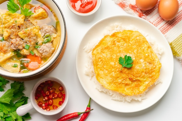 Thai Omelette with omelet soup in Top view (Thai food)