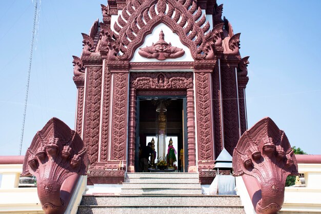 Thai people and travelers praying to protect and bring good luck with City Pillar Shrine at center city on January 302018 in Prachuap Khiri Khan Thailand