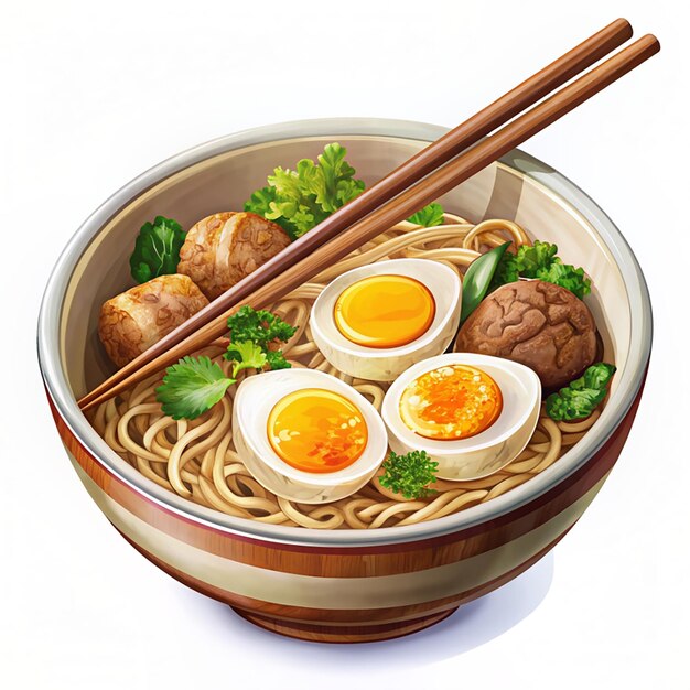 Thai pork noodle with egg and meatball Thai style bowl pair of chopsticks cartoon art illustration