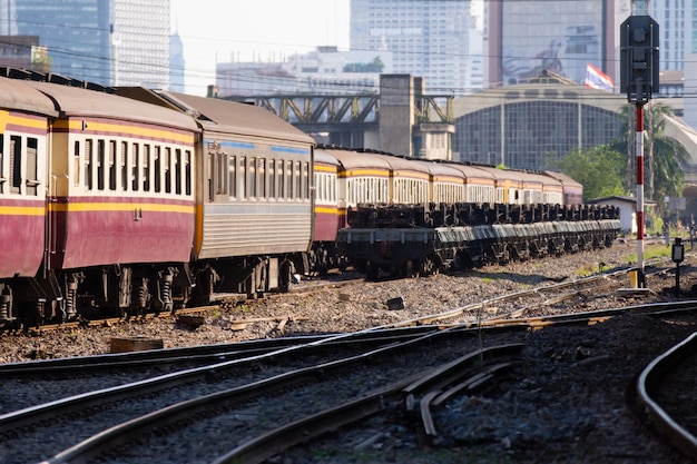 Thai railway train with locomotive runs in Bangkok