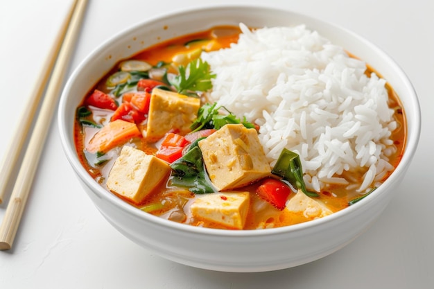 Thai red curry served with a side of white rice