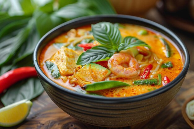 Thai rice noodles in grab curry sauce with vegetable