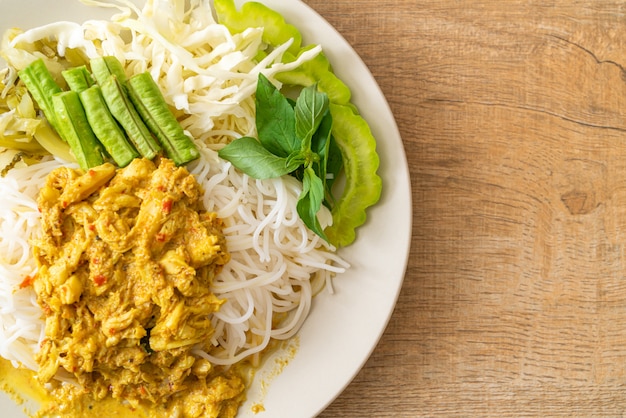 Thai Rice Noodles with Crab Curry and Variety Vegetables, Thai local southern food