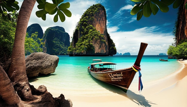 Thai sea beach tropical islands sea view longtail boat palm trees Summer vacation in Thailand krabi