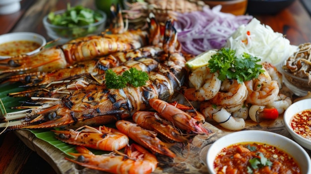 Thai seafood extravaganza A seafood platter showcases an assortment of grilled fish prawns and squid seasoned with Thai spices