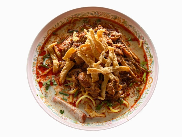 Thai spicy noodle bowl isolated on white background.