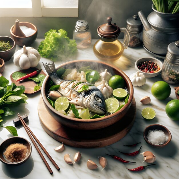 Thai Steamed Fish with Lime and Garlic on Marble Counter