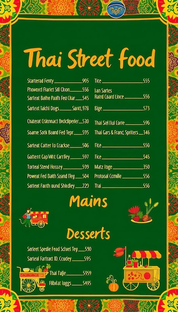 Photo thai street food menu featuring vibrant thai textile patterns and menu layout idea for brand design