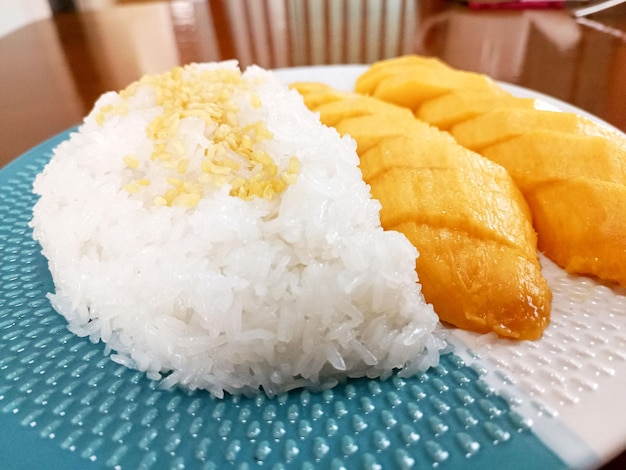 Thai Sweet Sticky Rice with Mango Thai Dessert or Khao Niew Ma Muang close up