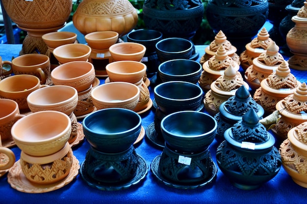 Thai traditional clay pottery for sale at Koh Kret Island in Nonthaburi Thailand