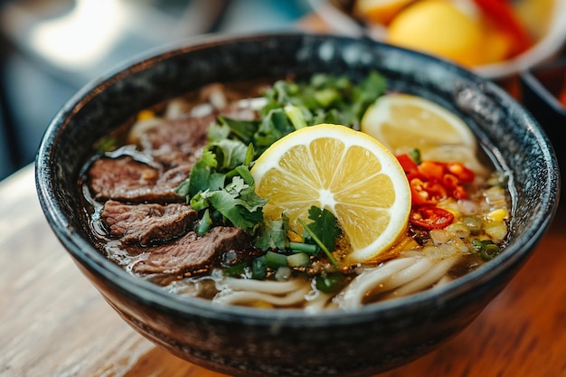 Thai udon noodles with beef and slice of lemon