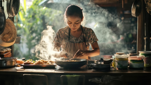 Photo a thai woman carefully preparing traditional thai desserts in a rustic kitchen with steam