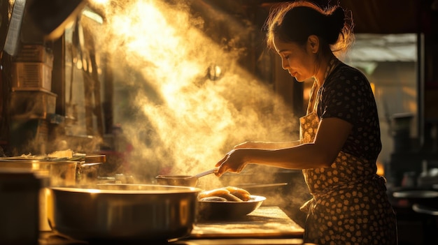 A Thai woman delicately shaping Khanom Bua Loy floating lotus dessert with steam and