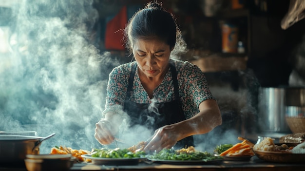 A Thai woman expertly plating a traditional Thai dish with smoke from a nearby pot and