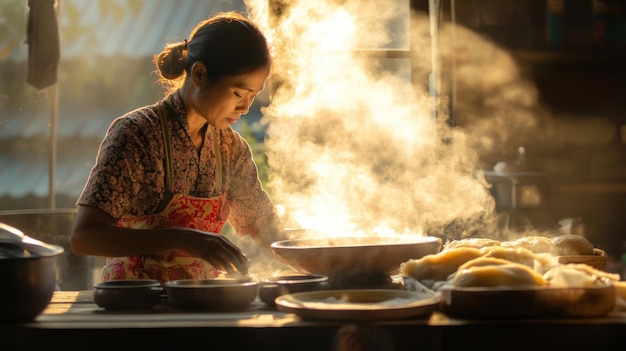 A Thai woman preparing ingredients for a traditional Thai dish in a wooden kitchen with