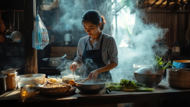 A Thai woman preparing ingredients for a traditional Thai dish in a wooden kitchen with