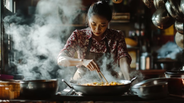 A Thai woman preparing Tom Yum soup in a rustic kitchen steam swirling around her lit by