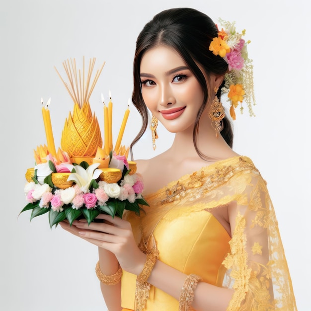 Thai woman wearing a yellow Thai dress and holding Krathong in Loy Krathong festival