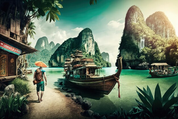 Thailand Travel Illustration Thailand Tourism Concept Skylines Landmarks Abstract AI Generative Content